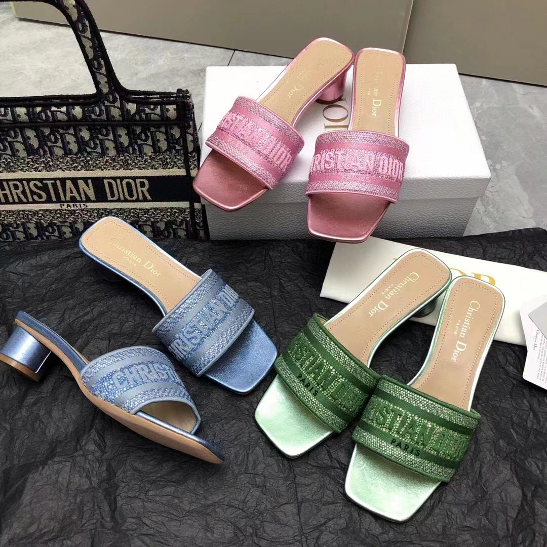 Dior Women CD Dway Heeled Slide Blue Cotton Embroidered Metallic Thread Strass