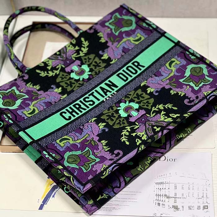 Dior Women CD Large Dior Book Tote Multicolor Dior Indian Purple Embroidery