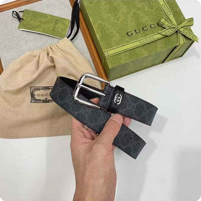 G*u*i gg unisex belt interlockig g black gg supreme canvas leather square buckle
