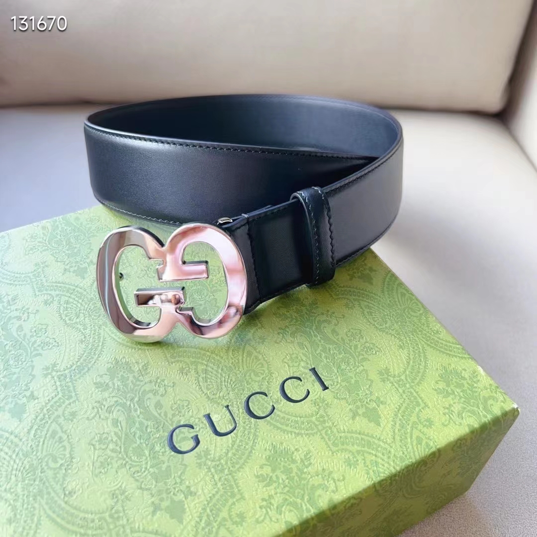 G*u*i gg unisex buckle wide belt black leather double g 4 cm width