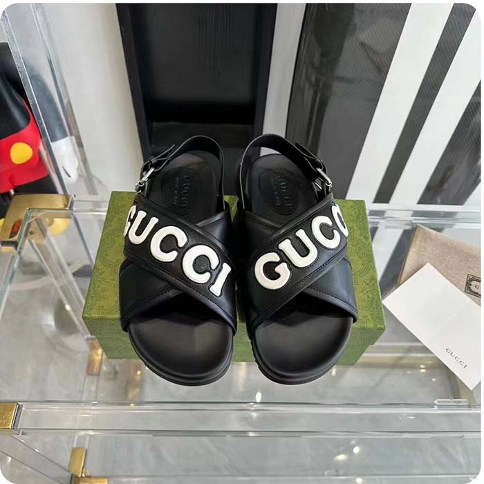 G*u*i unisex gg G*u*i sandal smooth black white leather script rubber buckle flat