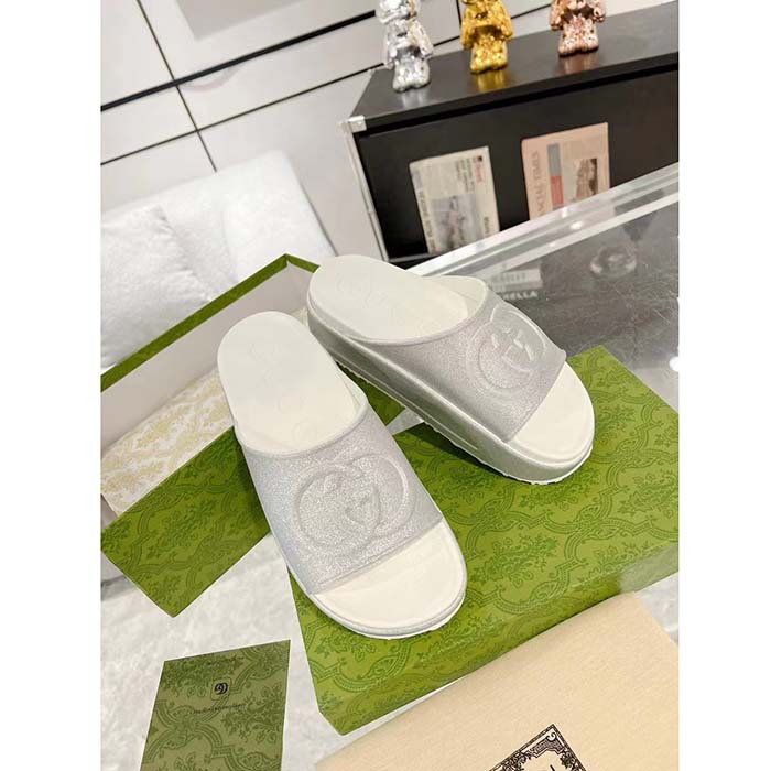 G*u*i unisex gg interlocking g slide sandal metallic silver rubber low 4.3 cm heel