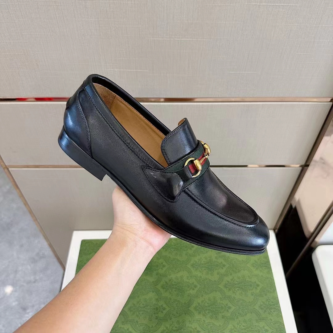 G*u*i unisex gg loafer horsebit soft black leather web sole flat 1.5 cm heel
