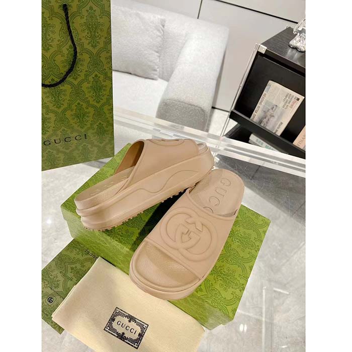 G*u*i unisex interlocking g slide sandal brown gg rubber low 4.3 cm heel