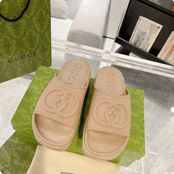 G*u*i unisex interlocking g slide sandal brown gg rubber low 4.3 cm heel