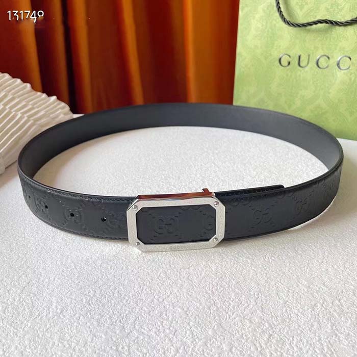 G*u*i unisex signature leather belt black leather rectangular buckle trademark 3.8 cm width
