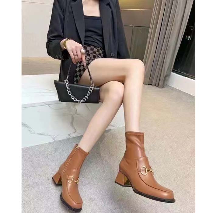 G*u*i women boot horsebit brown smooth stretch leather gold plated block mid heel