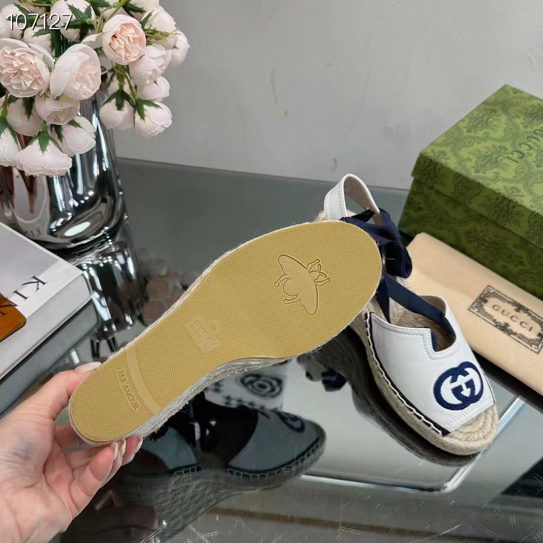 G*u*i women espadrilles ribbon tie white cotton canvas blue interlocking g embroidery