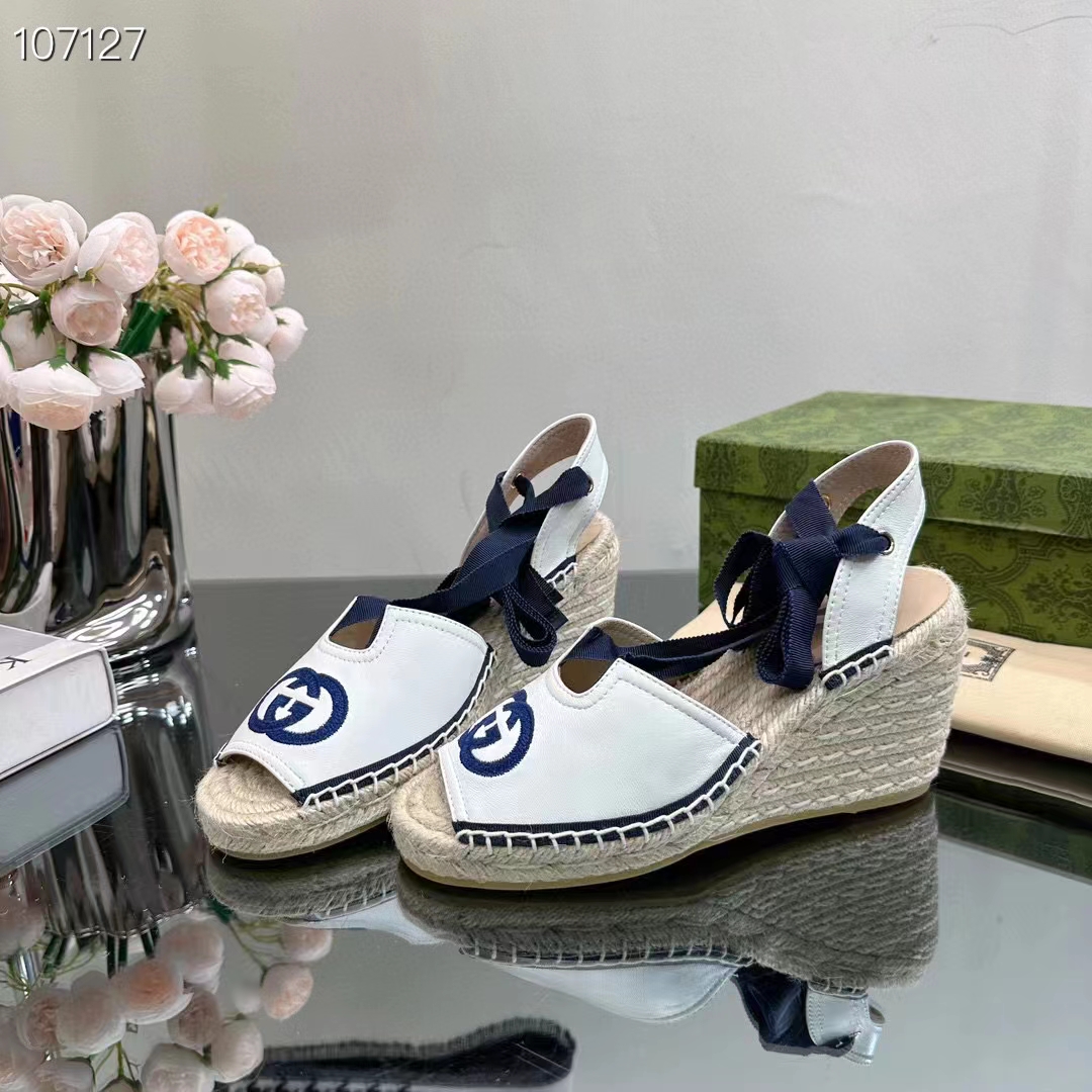 G*u*i women espadrilles ribbon tie white cotton canvas blue interlocking g embroidery