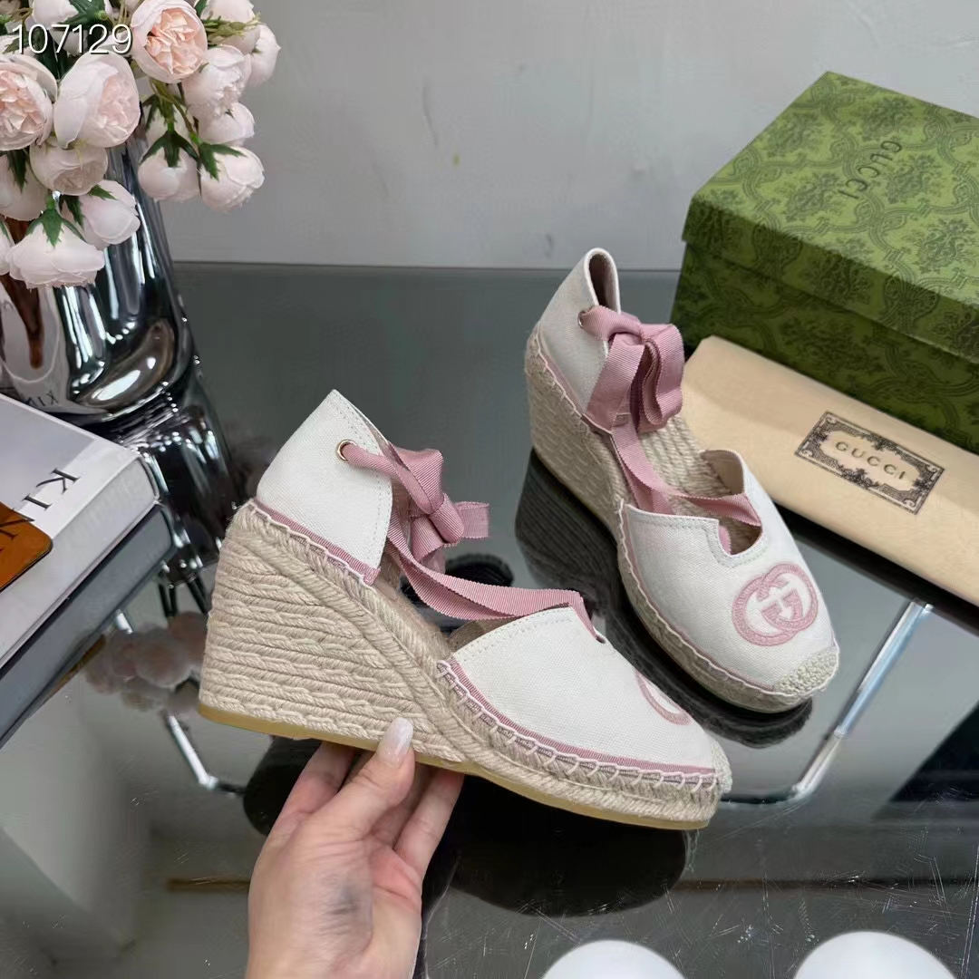 G*u*i women espadrilles ribbon tie white cotton canvas pink interlocking g embroidery