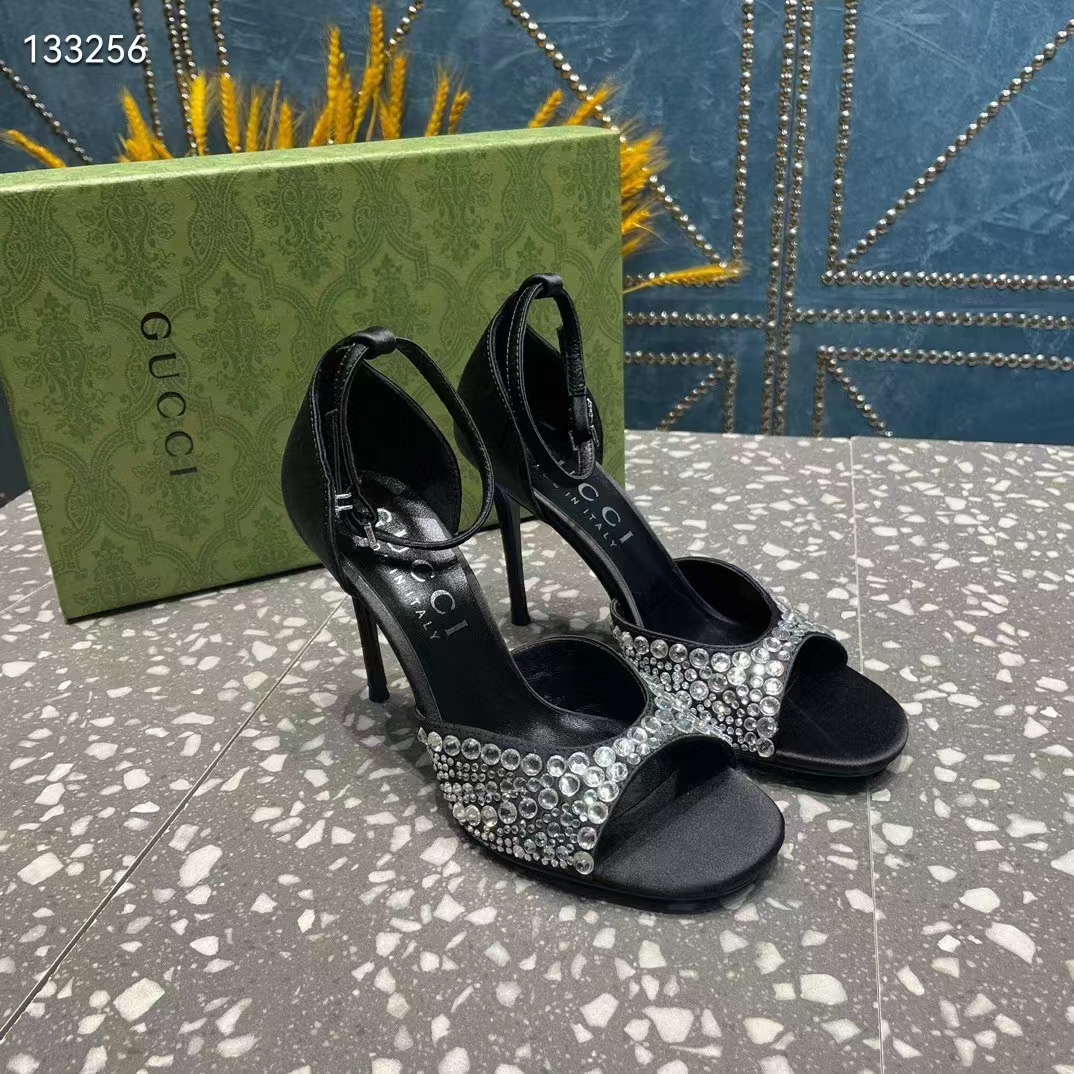 G*u*i women gg mid-heel sandals crystals black satin 11 cm heel double g