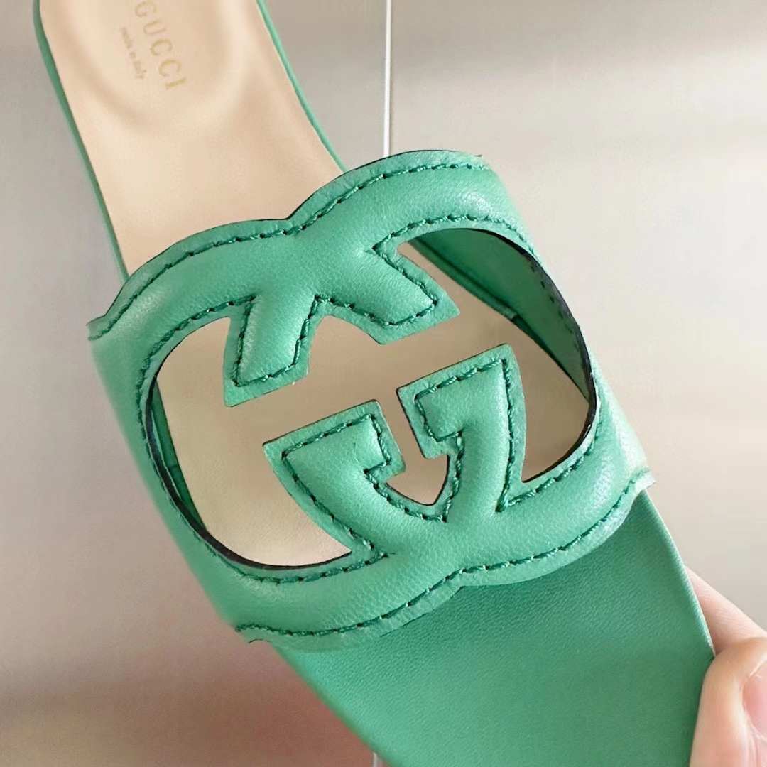 G*u*i women interlocking g cut out slide sandal bright green leather flat