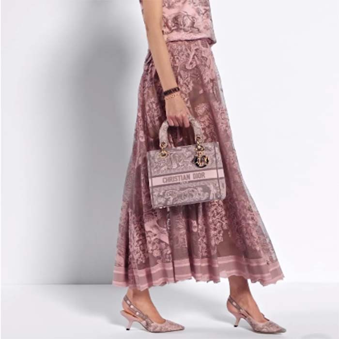 Dior Women CD Medium Lady D-Lite Bag Gray Pink Toile De Jouy Reverse Embroidery