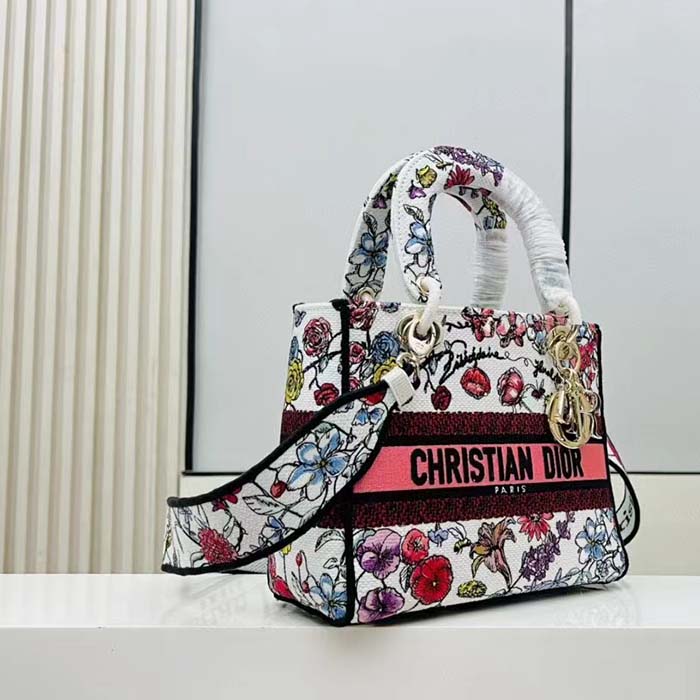 Dior Women CD Medium Lady D-Lite Bag White Multicolor Florilegio Embroidery