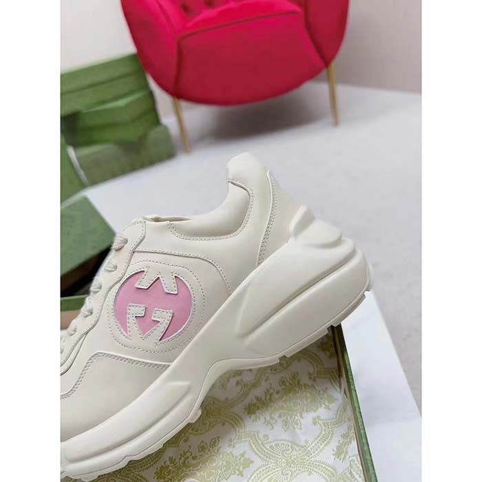 G*u*i unisex rhyton sneakers ivory leather pink interlocking g cut-out rubber sole