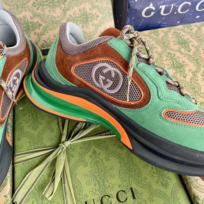 G*u*i unisex run sneaker green brown suede interlocking g bi-color rubbe low heel