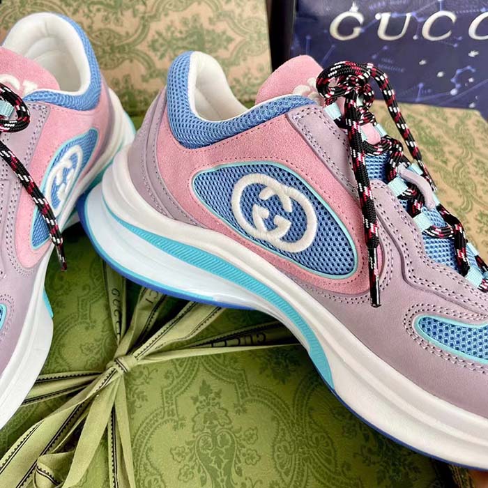 G*u*i unisex run sneaker lilac light pink suede interlocking g bi-color rubbe low heel