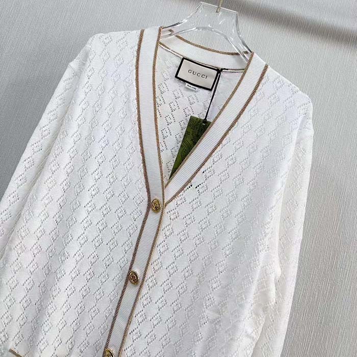G*u*i men gg cotton cardigan web ivory g v-neck long sleeves button closure