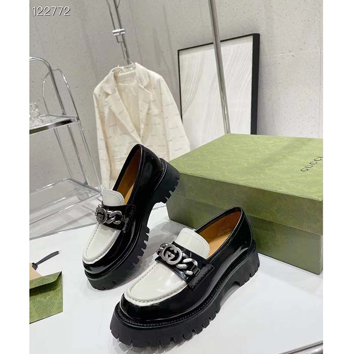 G*u*i women gg interlocking g chain loafer black white leather lug rubber sole flat