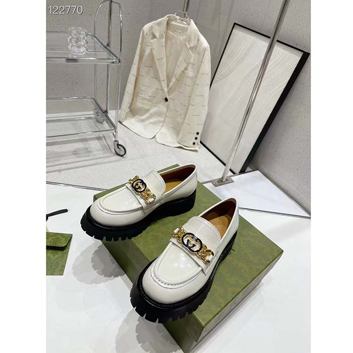 G*u*i women gg interlocking g lug sole loafer white leather rubber flat 1.5 cm heel
