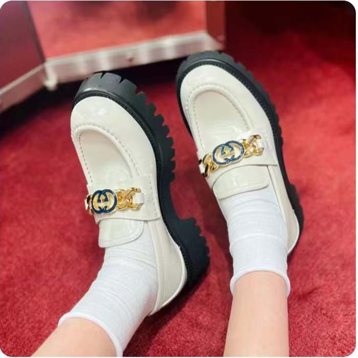 G*u*i women gg interlocking g lug sole loafer white leather rubber flat 1.5 cm heel
