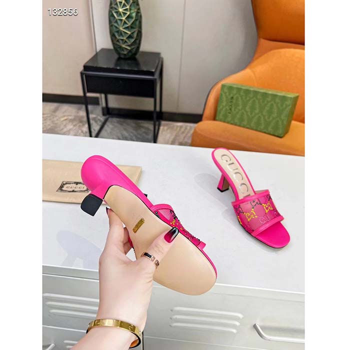 G*u*i women gg mid heel slide sandal fuchsia gg crystal mesh 7.4 cm heel