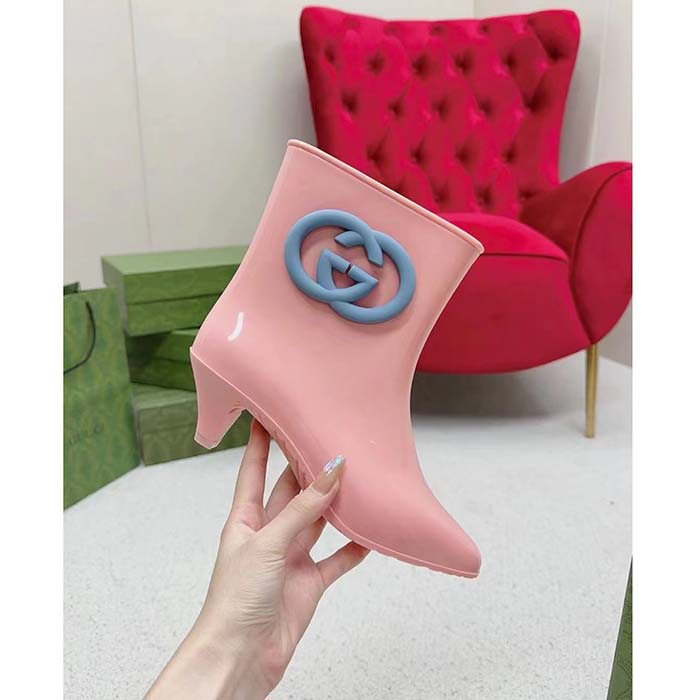 G*u*i women interlocking g ankle boot pink shiny rubber matte point toe low-heel