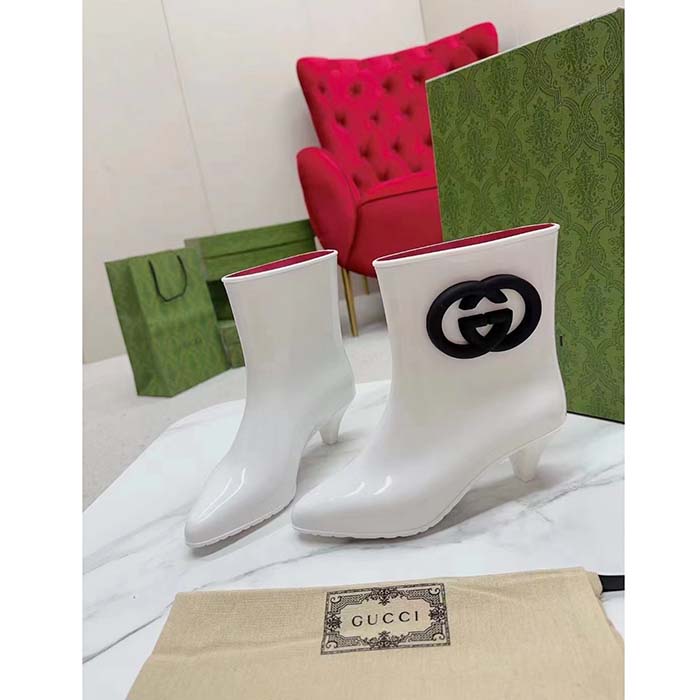 G*u*i women interlocking g ankle boot white shiny rubber matte point toe low-heel