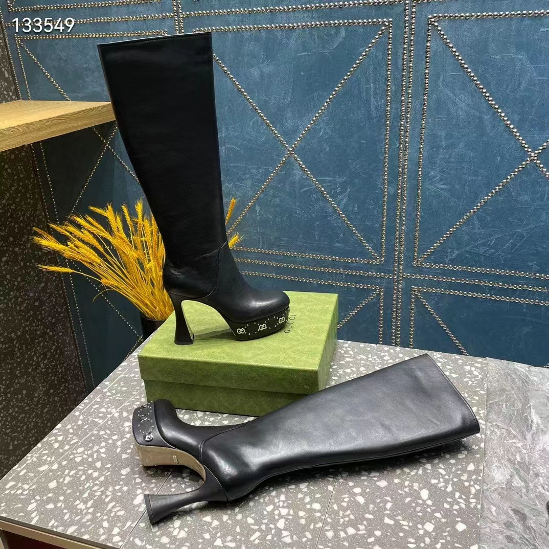 G*u*i women platform boot gg studs black leather spool high 11.4 cm heel