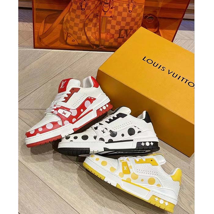 Louis Vuitton Unisex LV Trainer Sneaker Red Calf Leather Rubber Outsole Monogram Flowers
