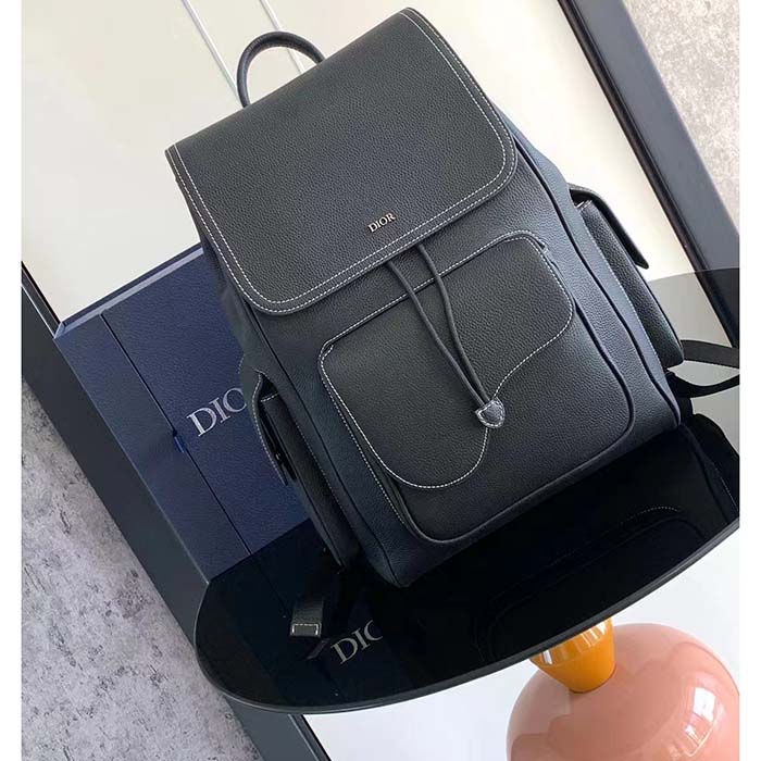 Dior Unisex CD Saddle Backpack Black Grained Calfskin Leather Flap Drawstring Closure