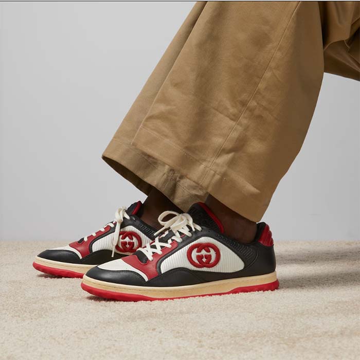 G*u*i gg unisex mac80 sneaker black red leather white fabric interlocking g embroidery round toe rubber