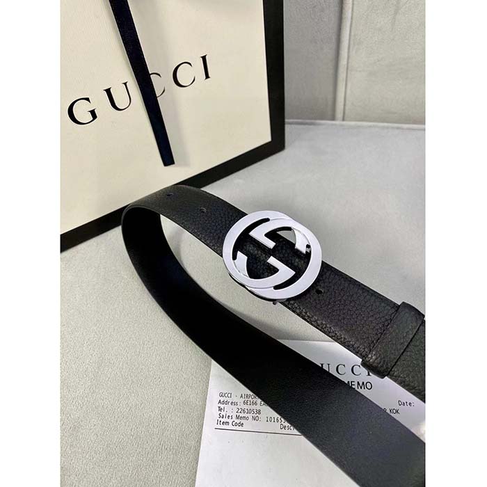 G*u*i unisex blondie belt black leather round interlocking g buckle 3 cm width