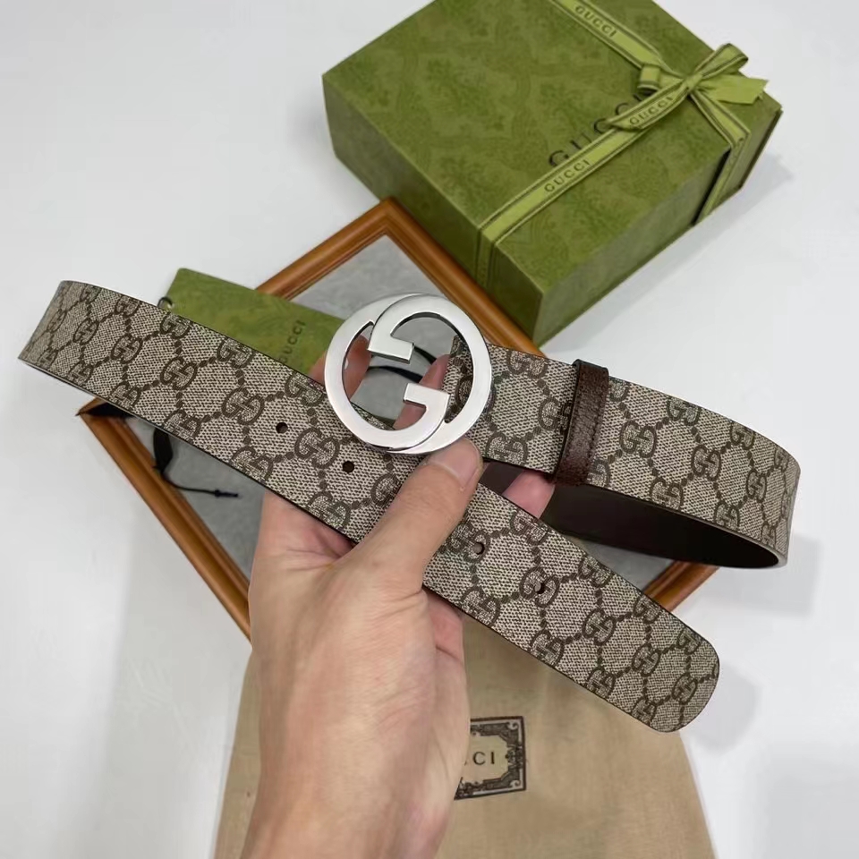 G*u*i unisex gg blondie belt round interlocking g buckle beige ebony supreme canvas