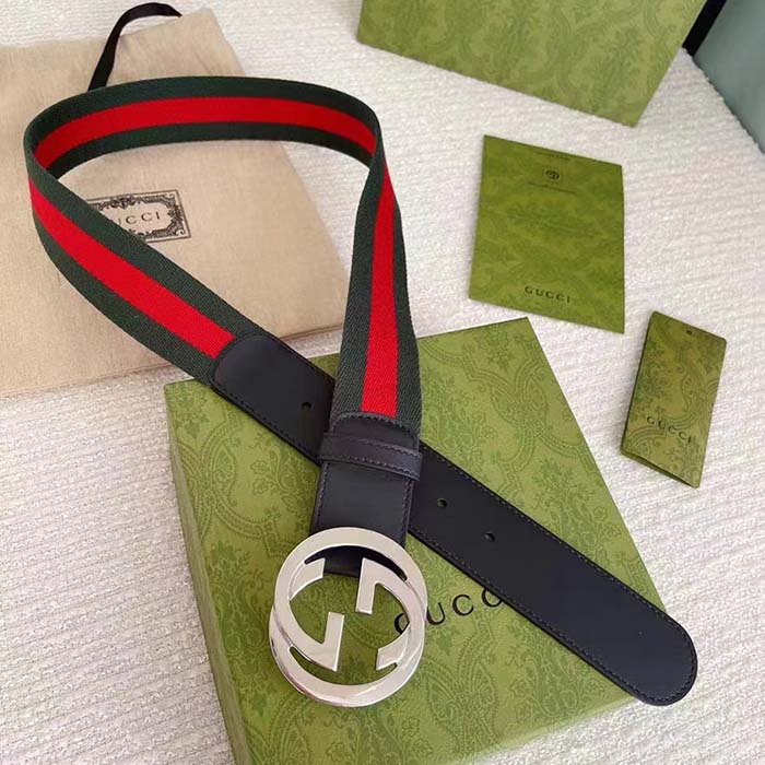 G*u*i unisex gg web belt interlocking g buckle green red web black leather 3.8 cm width