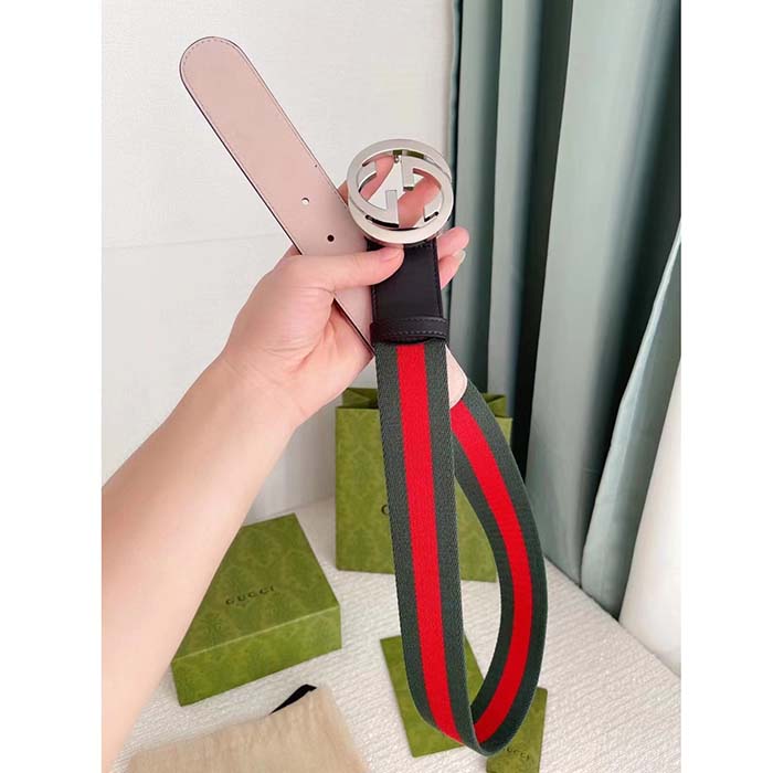 G*u*i unisex gg web belt interlocking g buckle green red web black leather 3.8 cm width