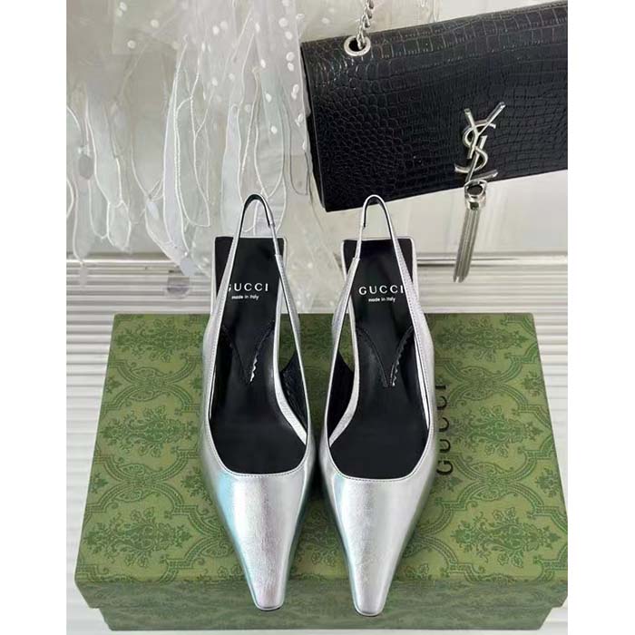 G*u*i women gg slingback pump metallic silver leather interlocking g square upper mid-heel
