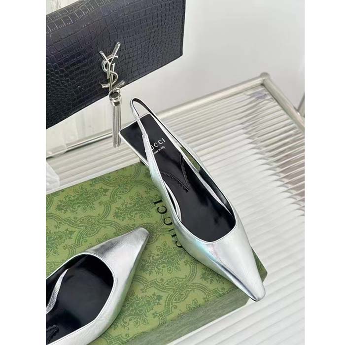 G*u*i women gg slingback pump metallic silver leather interlocking g square upper mid-heel