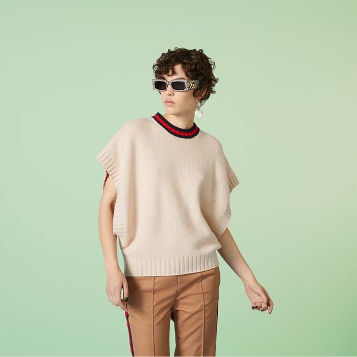 G*u*i women gg wool sweater interlocking g crewneck web stripe wide armhole sleeveless
