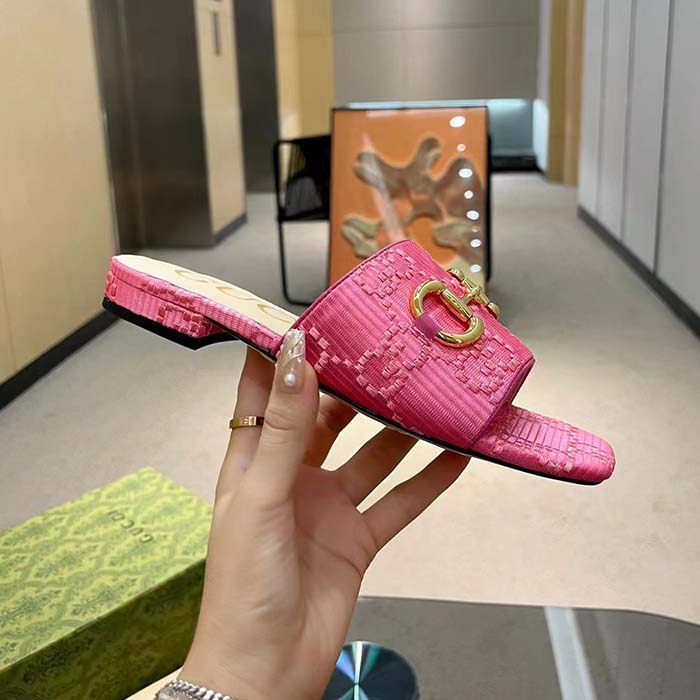 G*u*i women horsebit slide sandal fuchsia gg raffia leather sole flat