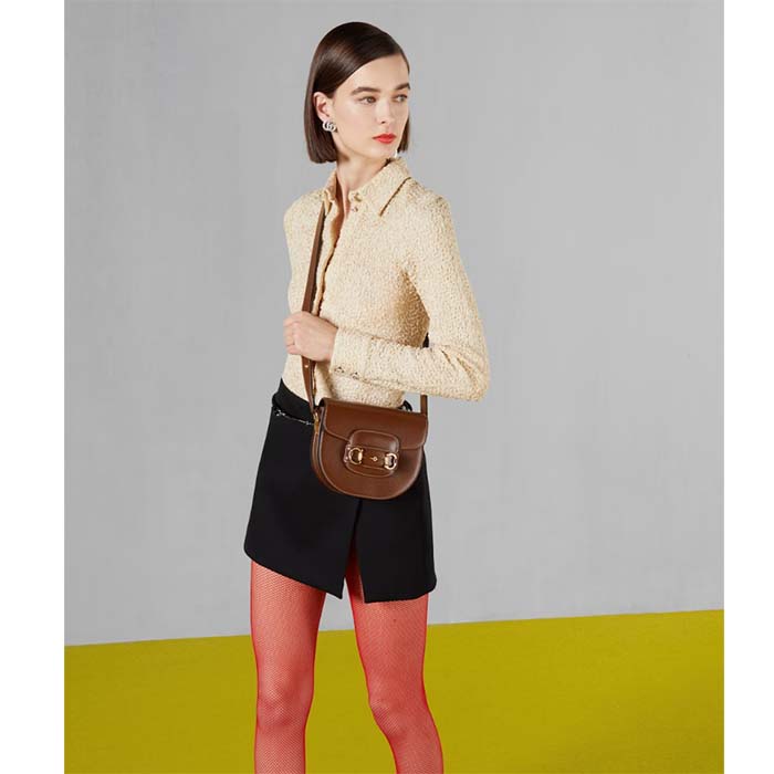 G*u*i gg women G*u*i horsebit 1955 mini rounded bag brown leather cotton linen lining