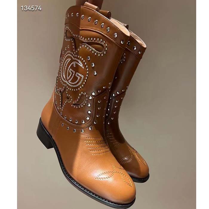 G*u*i women gg boot double g embroidery studs brown leather low 3.6 cm heel