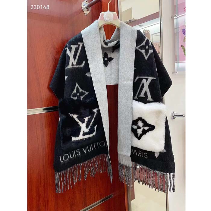 Louis Vuitton Unisex Cold Reykjavik Scarf Cashmere Mink Fur Black Jacquard LV Initials Monogram Flowers