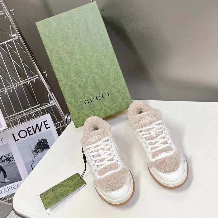 G*u*i gg unisex mac80 sneaker off white leather merino wool round toe rubber flat