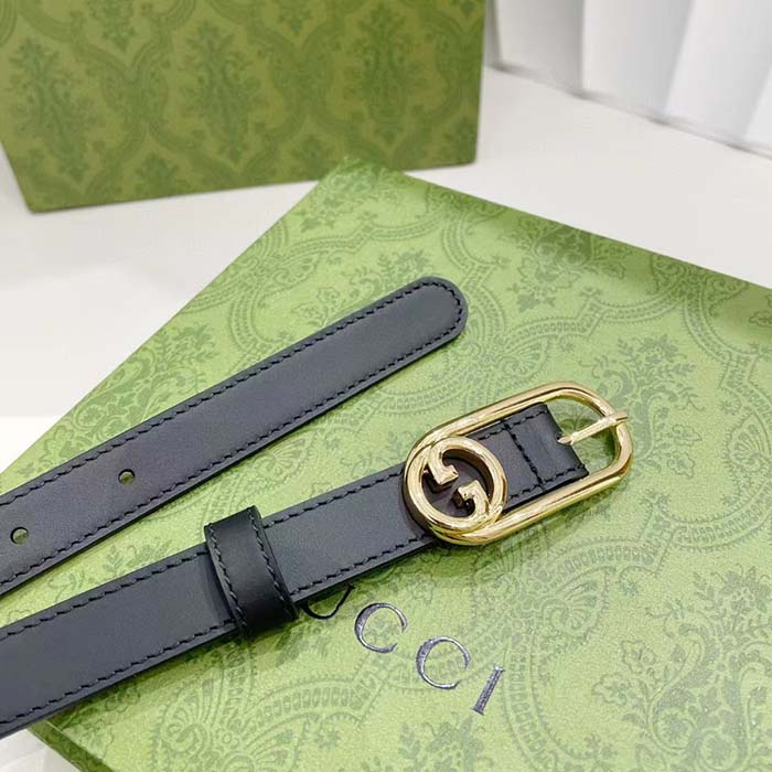 G*u*i gg unisex thin belt mini round interlocking g black leather 1.5 cm width