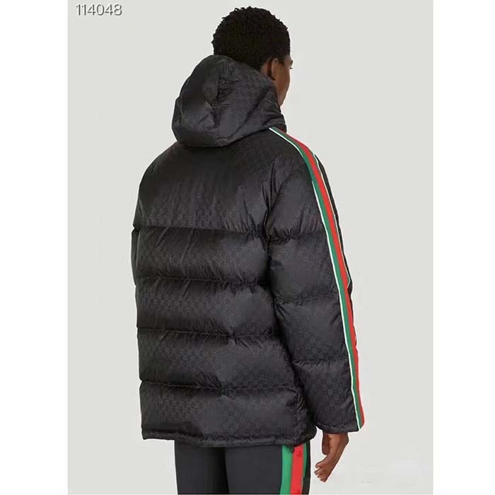 G*u*i men gg nylon jacquard jacket web black stripe lined fixed hood rib cuffs