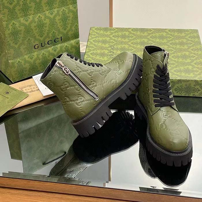 G*u*i unisex gg leather boot dark green rubber lug sole lace-up interlocking g low-heel