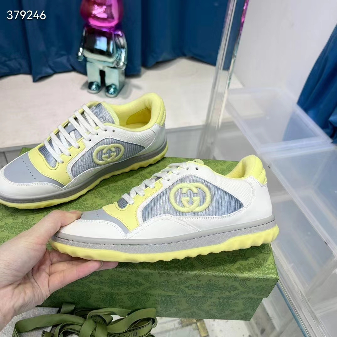 G*u*i unisex gg mac80 sneaker off white yellow leather grey fabric interlocking g round toe rubber flat