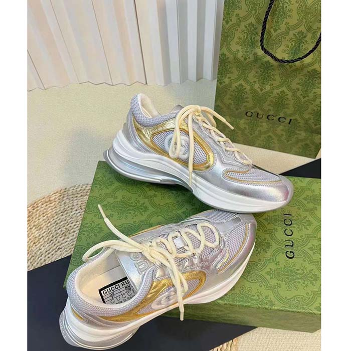 G*u*i unisex run sneaker silver metallic leather interlocking g bi-color rubbe low heel