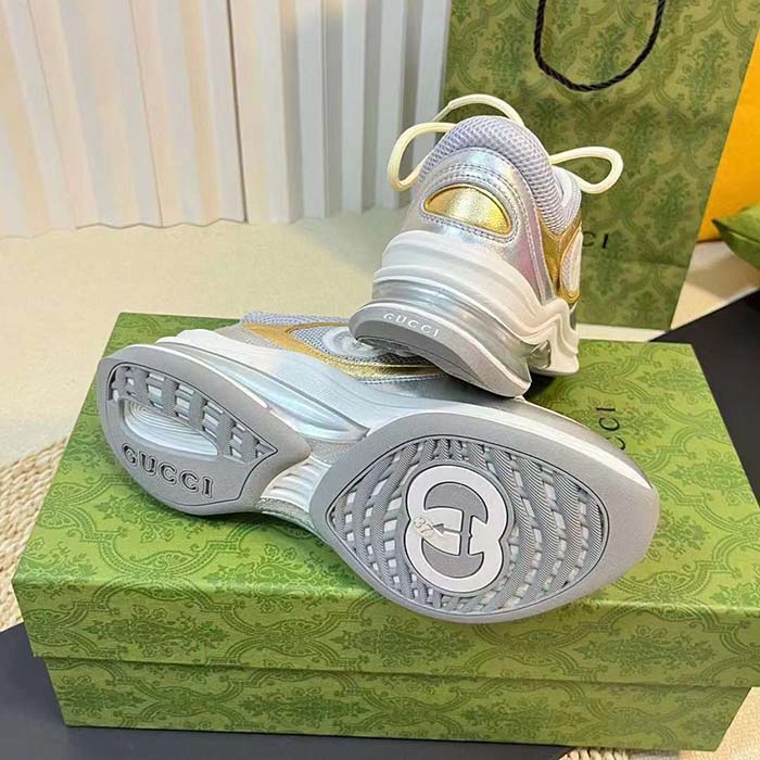 G*u*i unisex run sneaker silver metallic leather interlocking g bi-color rubbe low heel